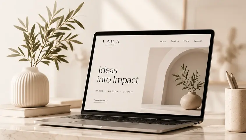 Espace de travail avec un ordinateur affichant un site web minimaliste